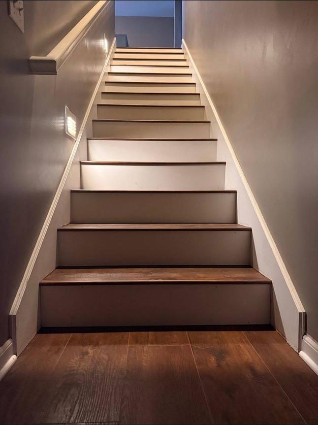 Staircase with dark wood treads and white risers lit by a wall mounted step light